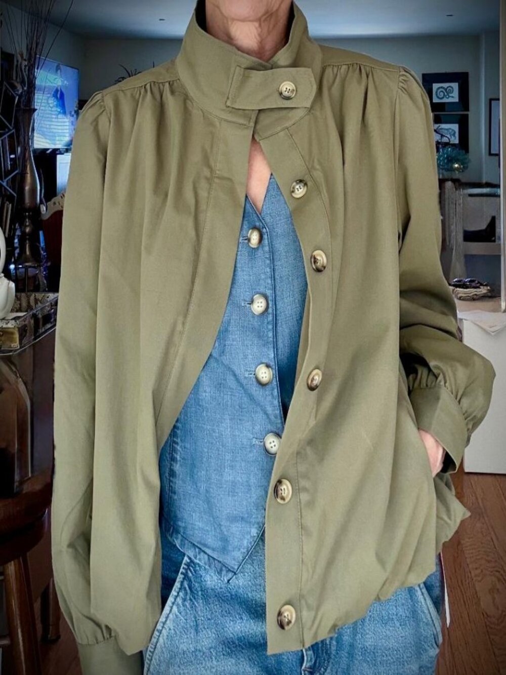 Cropped Bomber Jacket, Puff Sleeve, Bubble Hem, Pockets, Lined, Green, Med